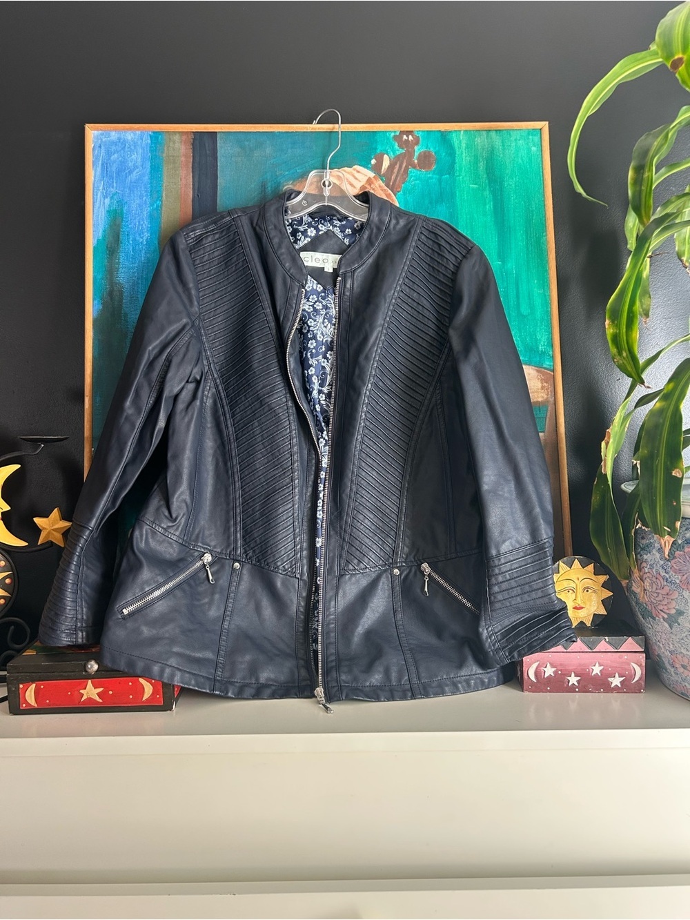 Cleo Petites Navy Faux Leather Moto Jacket Quilted Zip Women’s Large Petite